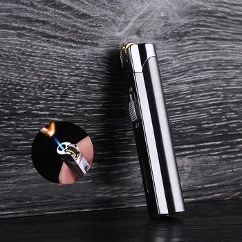 

Portable Ultra-thin Long Strip Metal Windproof Lighter Grinding Wheel Small Spray Gun Fixed Fire Blue Flame Butane Gas Lighter