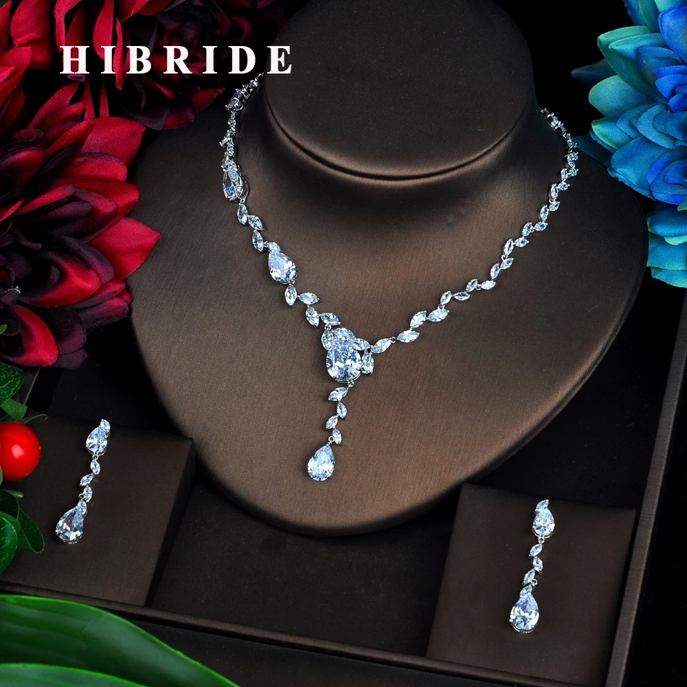 

HIBRIDE Hot Selling Bride Luxury Jewelry Sets AAA Cubic Zirconia Sparkling Crystal Necklace Earrings Jewelry Sets Wholsale N-576