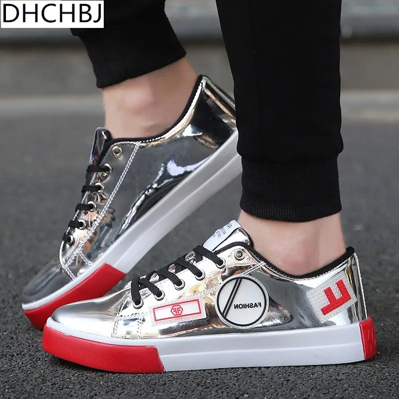 buy Men Casual Leather shoes hip hop Gold fashion sneakers microfiber high tops Male Vulcanized shoes silver sizes 39 46
