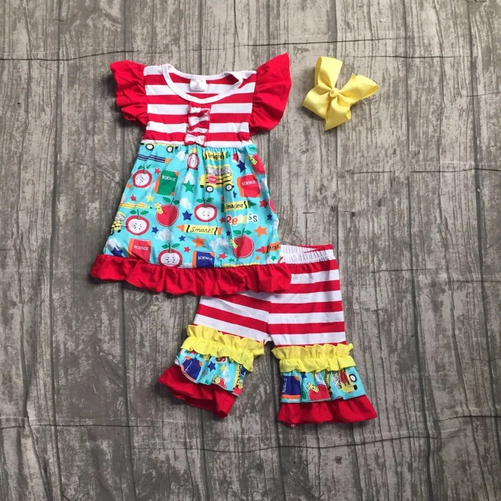 

kids girls boutique clothing girls back to school clothes children car to school outfits stripe ruffle capri pants with bows