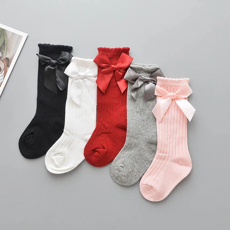 5 Pairs Baby Girls Long Socks Bow Knot Cotton Anti slip Autumn Socks