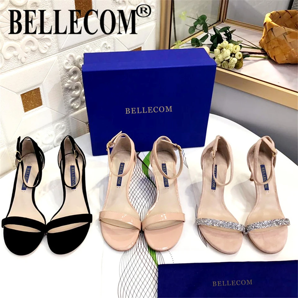 

BELLECOM Women's thin, open-toe, wide, sexy, high-heeled sandals with hot drill and one-word print for summer 2019