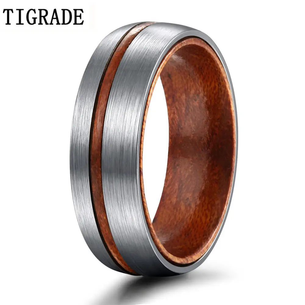 TIGRADE 6/8 мм Титан кольцо Для мужчин Для женщин обручальное кольцо из коричневого цвета из натурального дерева свободный крой купол серебро матовое покрытие рифленые кольца для пар - Цвет основного камня: 6mm Ring