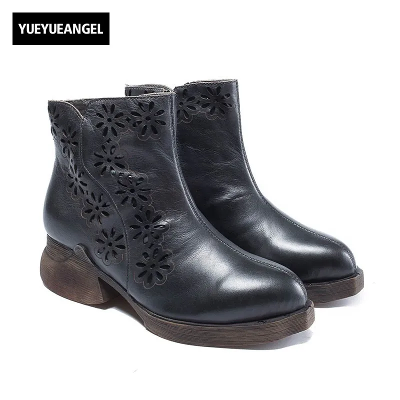 

2019 Autumn Winter New Genuine Leather Ladies Boots Fashion Pointed Toe Low Heeled Female Shoes Folk Style Womens Boots