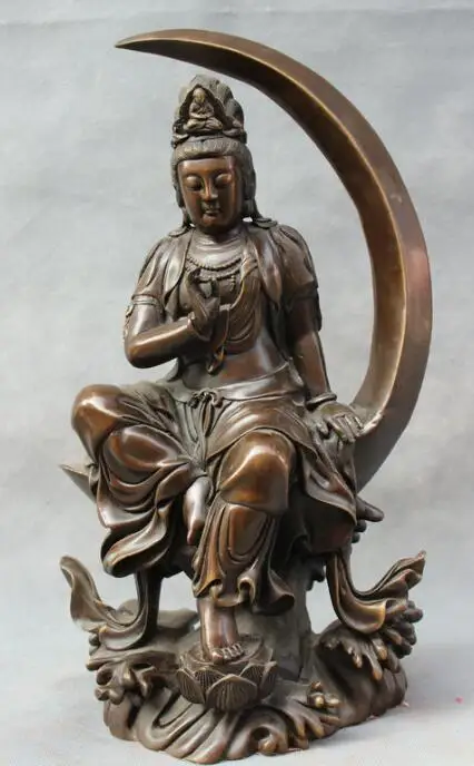 

S06955 15" Chinese Pure Bronze Joss Kwan-yin GuanYin Bodhisattva Goddess On Moon Statue