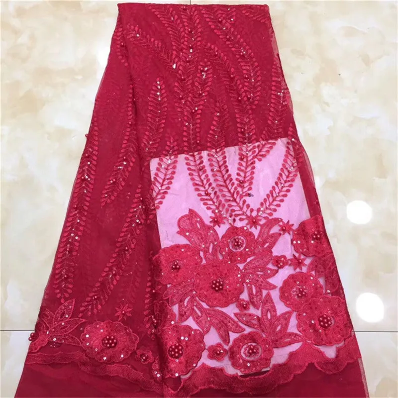 

High Quality African Lace Fabric red Organza French Net Embroidery Sequins beads Tulle Lace Fabric For Nigerian Party Dress