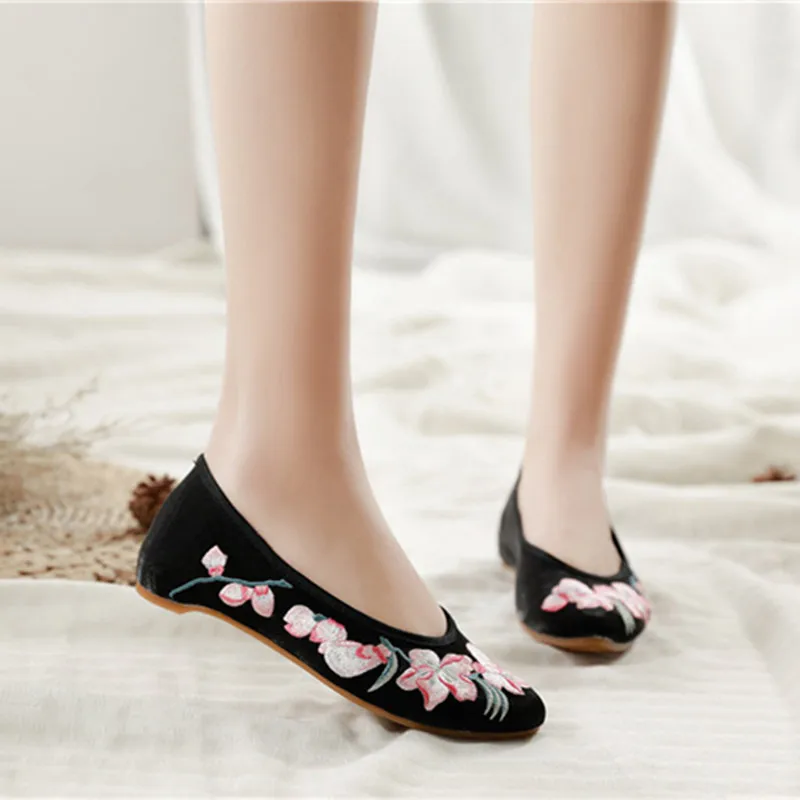 Pointed Toe Women Silk Canvas Ballet Flats Flower Embroidered Slip On Cotton Ballerinas Ladies Old Beijing Costume Shoes Mujer | Обувь