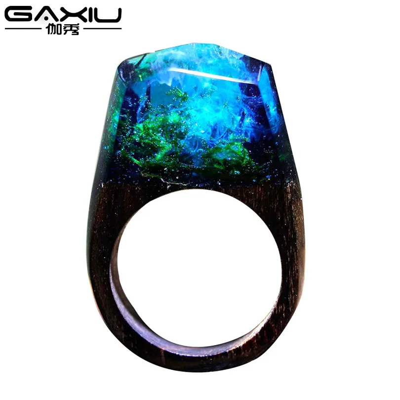 Wood Resin Ring For Women Male Handmade Wooden Secret Magic Forest Band Men's Jewelry Hip Hop Fashion Punk Wood Rings Men Anel