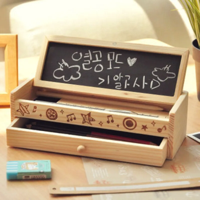 original wood color pencil case special design mini blackboard with 2box stationery holder with
