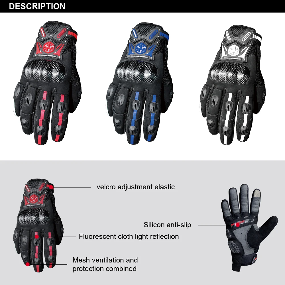 SCOYCO Screen Sensitive Carbon Fiber Shell Reinforced Knuckle Full Finger Anti-slip Grip Breathable Cycling Motorcycle Gloves BLACK,XL