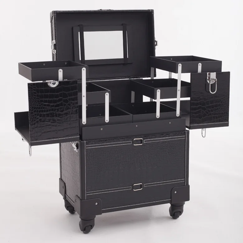 

Professional aluminum trolley luggage cosmetic box universal wheel pull rod nail with makeup embroidery hairdressing toolbox
