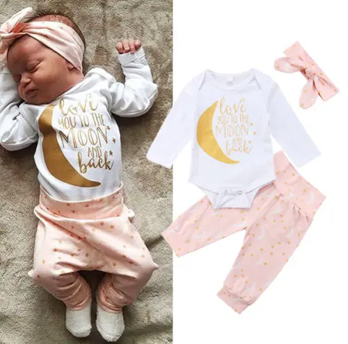 

2018 3pcs Cute Newborn Baby Boys Girls clothes set moon star Home Tops Romper+ Pants+headband Outfits Clothing