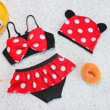 Детская Плавание костюм девушка Двойка Плавание одежда Плавание Кепки три части бикини костюм юбка пляжная одежда для девочек Микки юбка