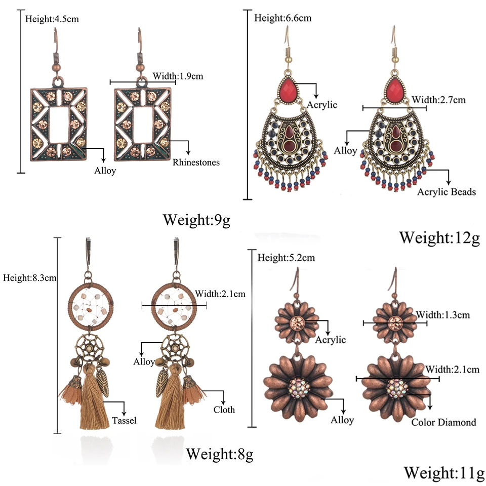 Multi Bohemian Ethnic Vintage Drop Earrings For Women Hanging Dangling Ladies Antique Alloy Moon Tassel Ear Jewelry Accessories