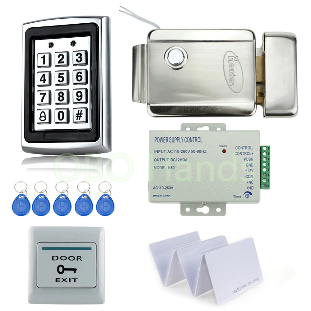 

Full RFID waterproof access control system kit set with metal keypad+Electric control Lock+power+exit switch+10 key cards-7612