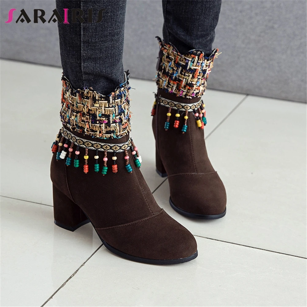 

SARAIRIS 2019 New Arrivals Plus Size 34-50 Flock Fringe Shoes Woman Boots Black Red Chunky Heels Ankle Boots Woman Shoes Women