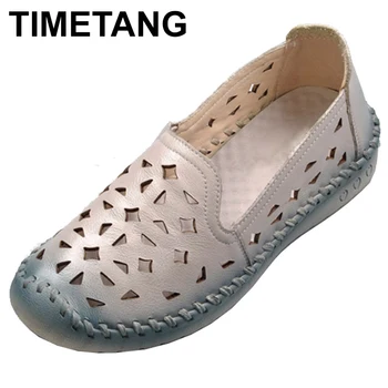 

TIMETANG 2018 Genuine Leather Breathable Soft Bottom Mother Shoes for Women Big Plus Size Hollow Out Flat Shoes Zapatos Mujer