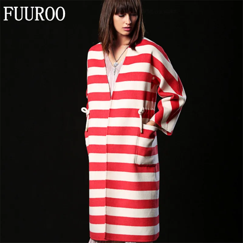 font b Women b font V neck Stripe Cashmere Woolen font b Coat b font