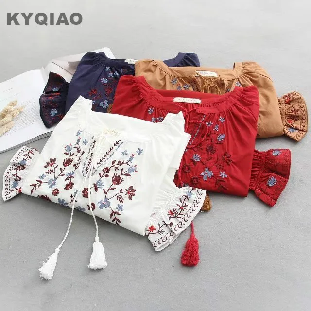 En Ligne KYQIAO blouse Bohème 2018 femmes pull femme printemps automne style Espagnol boho ethnique flare manches broderie chemise blusa supérieure