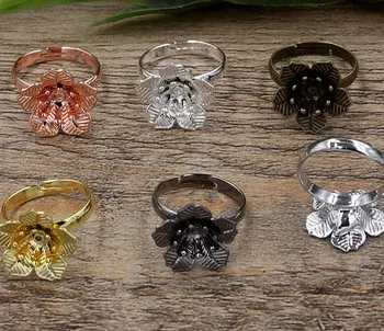 

16*6mm Filigree 3D Flower Ring Settings Cabochons Bases Brass Metal Adjustable Rings DIY Findings Making Multi-color Plated