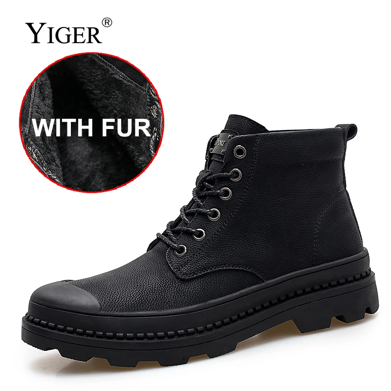 

YIGER New Man Martins boots Genuine Leather lace-up Work boots Man Military boots winter warm with fur male Black army Boots 096