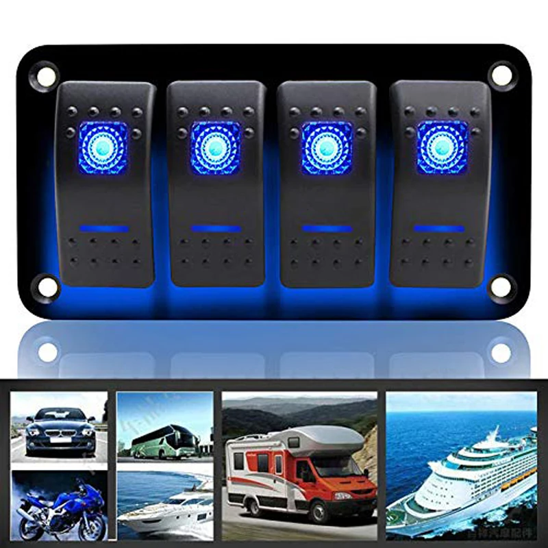 

12V 24V 4 Gang Rocker Switch Panel Dual LED Light Bar Car Caravan Marine Boat RV Blue Red Green