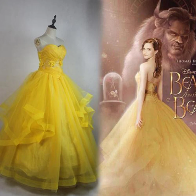 2019-Women-Movie-Beauty-and-The-Beast-Custom-made-Yellow-Tube-Top-Trailing-Belle-Cosplay-Dress