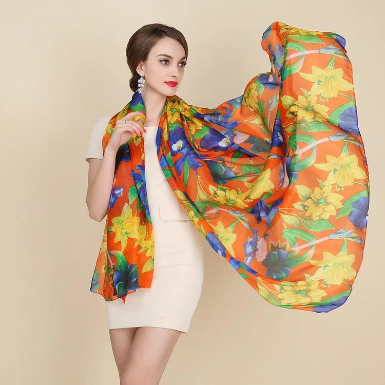 [BYSIFA] Новые женские шёлковый шарф, модный бренд аксессуары серый зеленый ультратонкие шарфы высшего класса женская летняя шаль 200*110 см - Цвет: orange blue 02