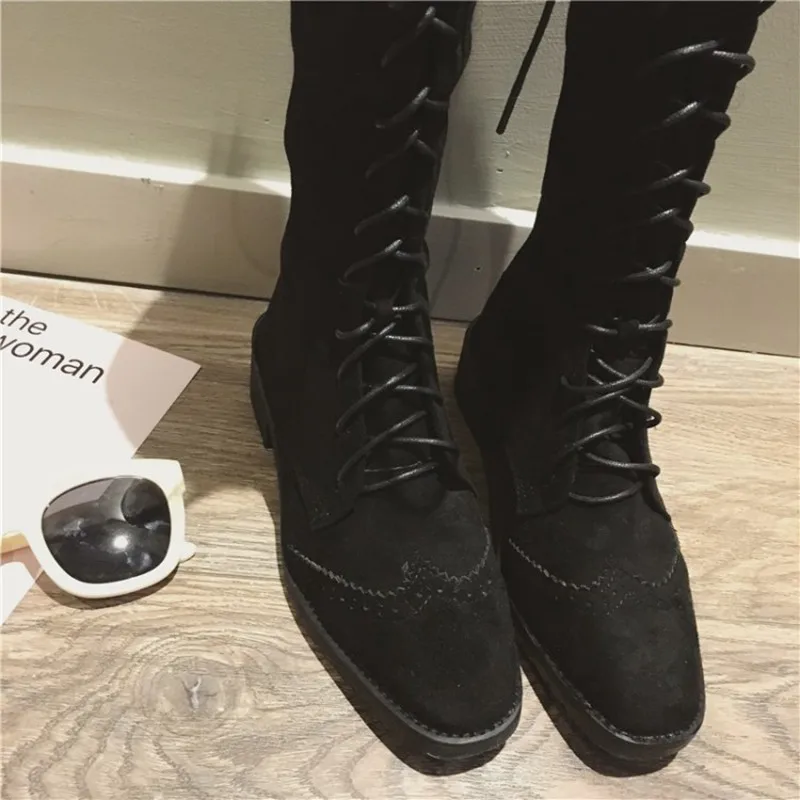 COOTELILI Fashion Knee High Boots For Women Rubber Shoes Women Lace-Up Brogue Boots Women 35-39 (1)