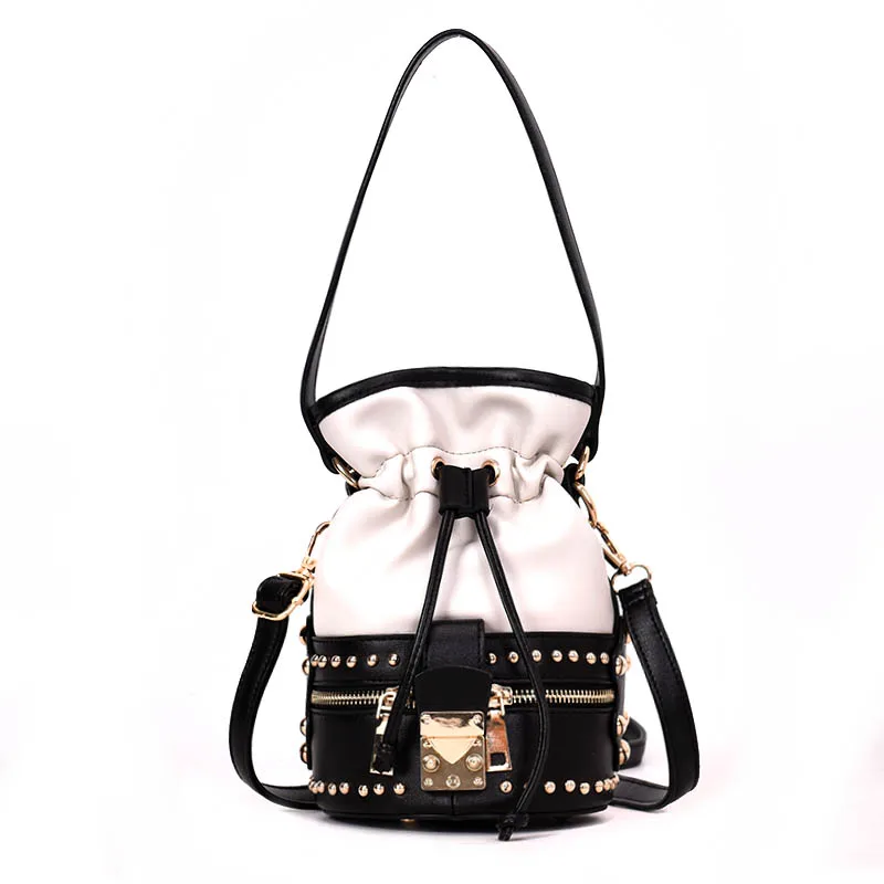 Small Bucket Lady Bag New Korean Fashion Retro Shoulder Metal Ins Super Hot Crossbody Drawstring Girl Handbag Brand Rivet