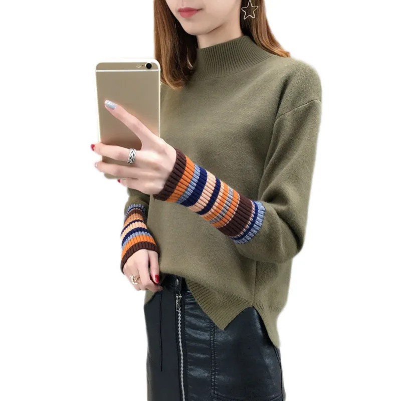 

2019 Women Sweater Spring Pullover Knit Lady Casual Sweaters O Collar Patchwork Long Sleeve Solid Color Turtleneck Knitwear Lj19