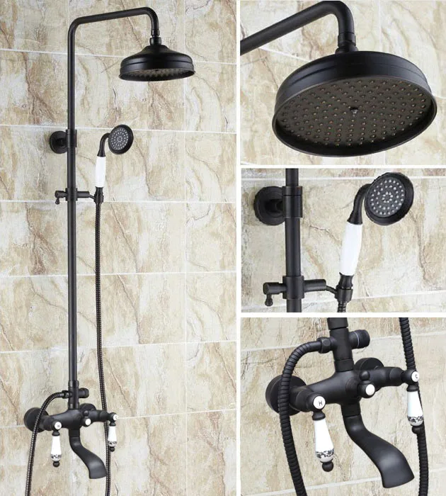 

Black Oil Rubbed Brass Dual Ceramic Handles Bathroom 8 Inch Round Rain Shower Faucet Set Bath Tub Mixer Tap Hand Shower mhg122
