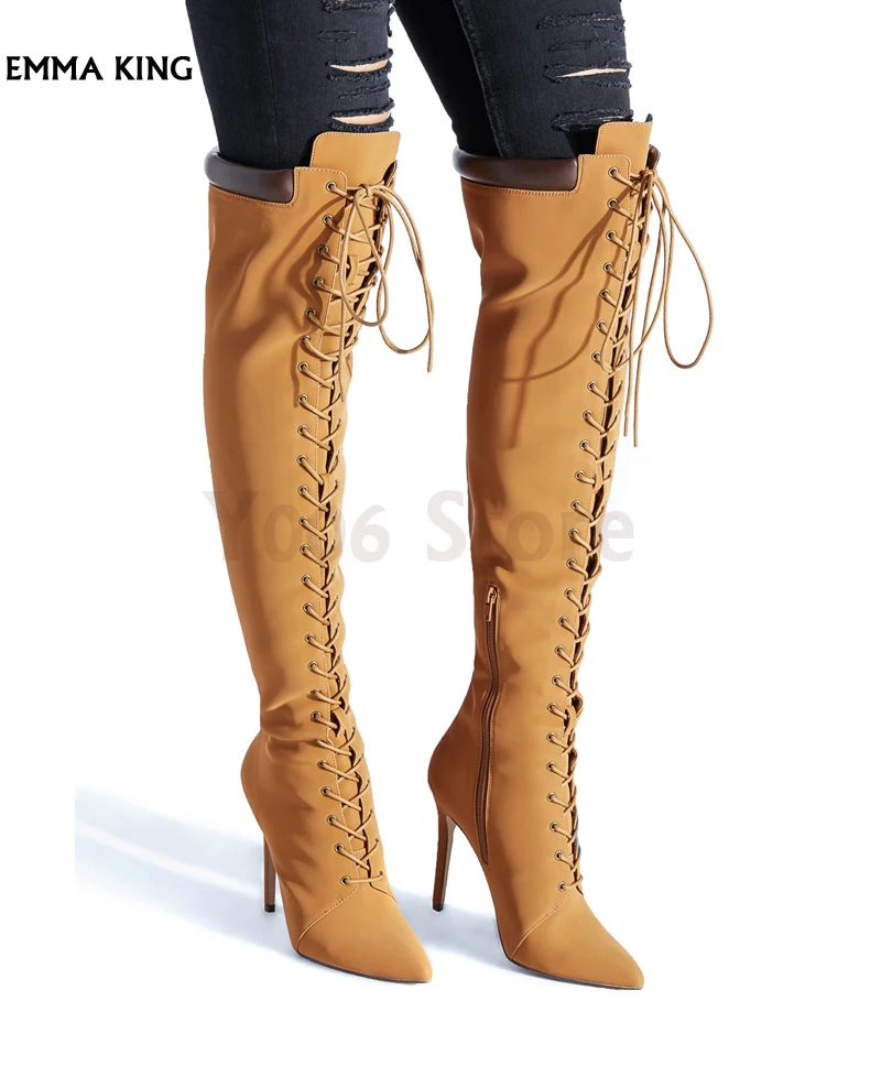 Пикантные ботфорты выше колена женские шпильки с подкладом и воротником спереди на шнуровке Botas Mujer г. модная обувь новые женские туфли на каблуке