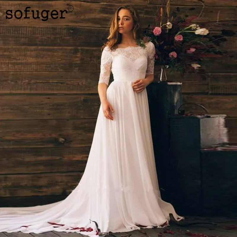 

White Chiffon Scoop Half Sleeves Dress Lace Backless Vestidos De Noivas Custom Wedding Bridal Dress