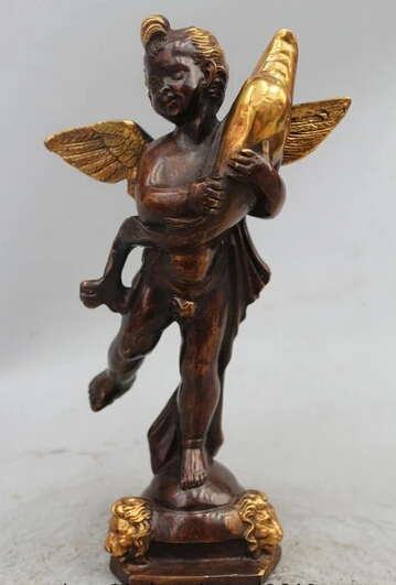 

wholesale factory 10" Chinese Bronze Gild Stand fly Angel Boy Lion Head alligator crocodile Statue