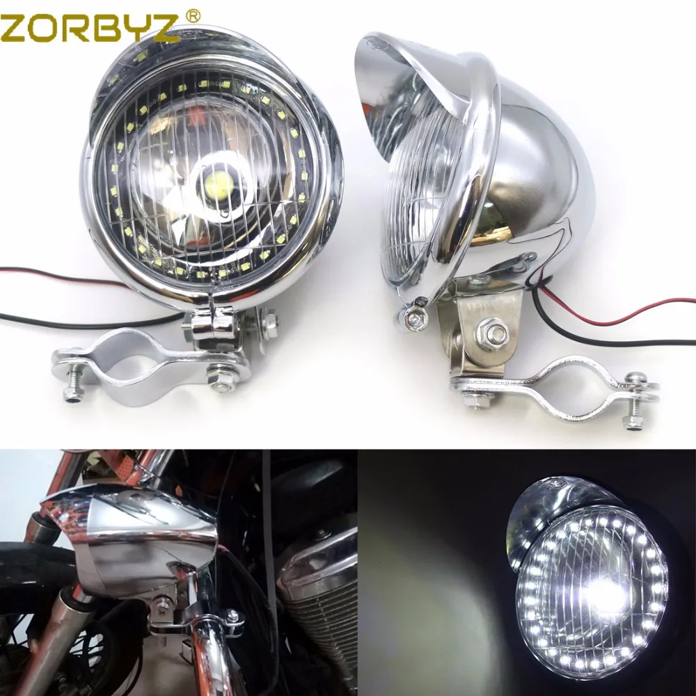 

ZORBYZ Motorcycle Chrome LED Passing Spot Fog Light Angel Eye Light With Roll Cage Guard Bar Tube Mount Bracket Clamp
