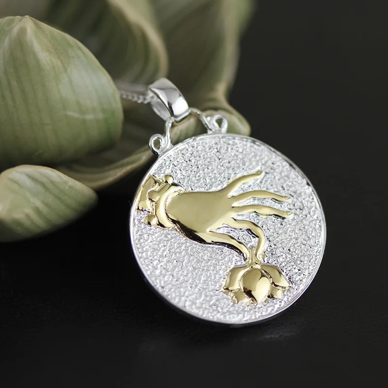 

Buddhist series of bergamot hand holding lotus original silver color embossed gilt pendant two tone color hand made silver jewe