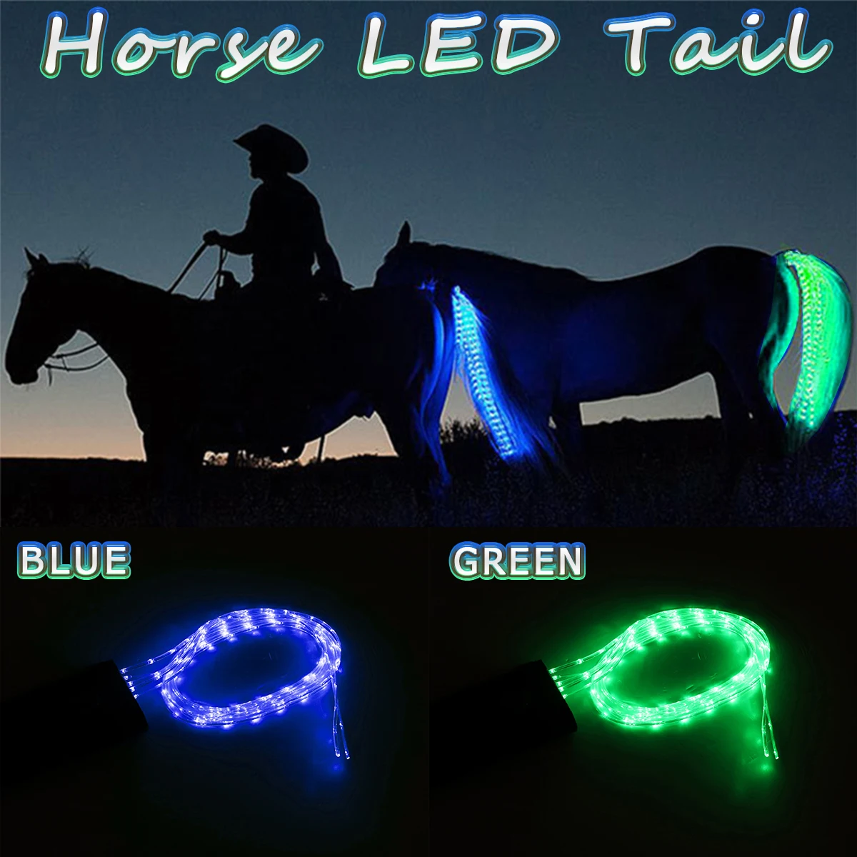 100CM Green Blue Horse Tail USB Lights Chargeable LED Crupper Horse Harness Equestrian Outdoor Sports The Lights Horse Tail