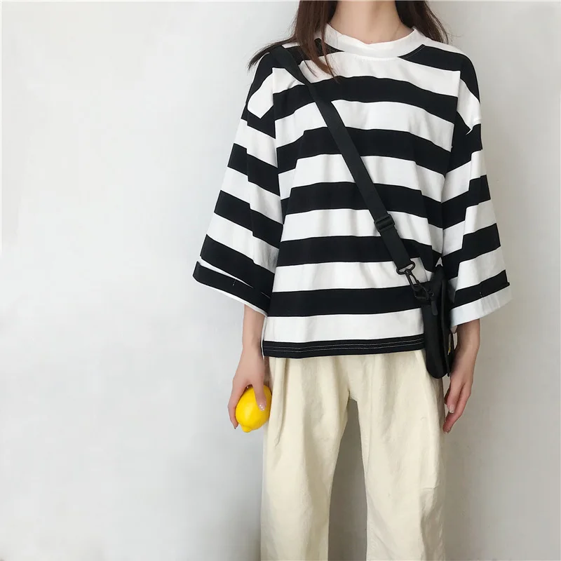 Women Strip Cotton Tops Oversize Wide Sleeve Graphic Tees Black White