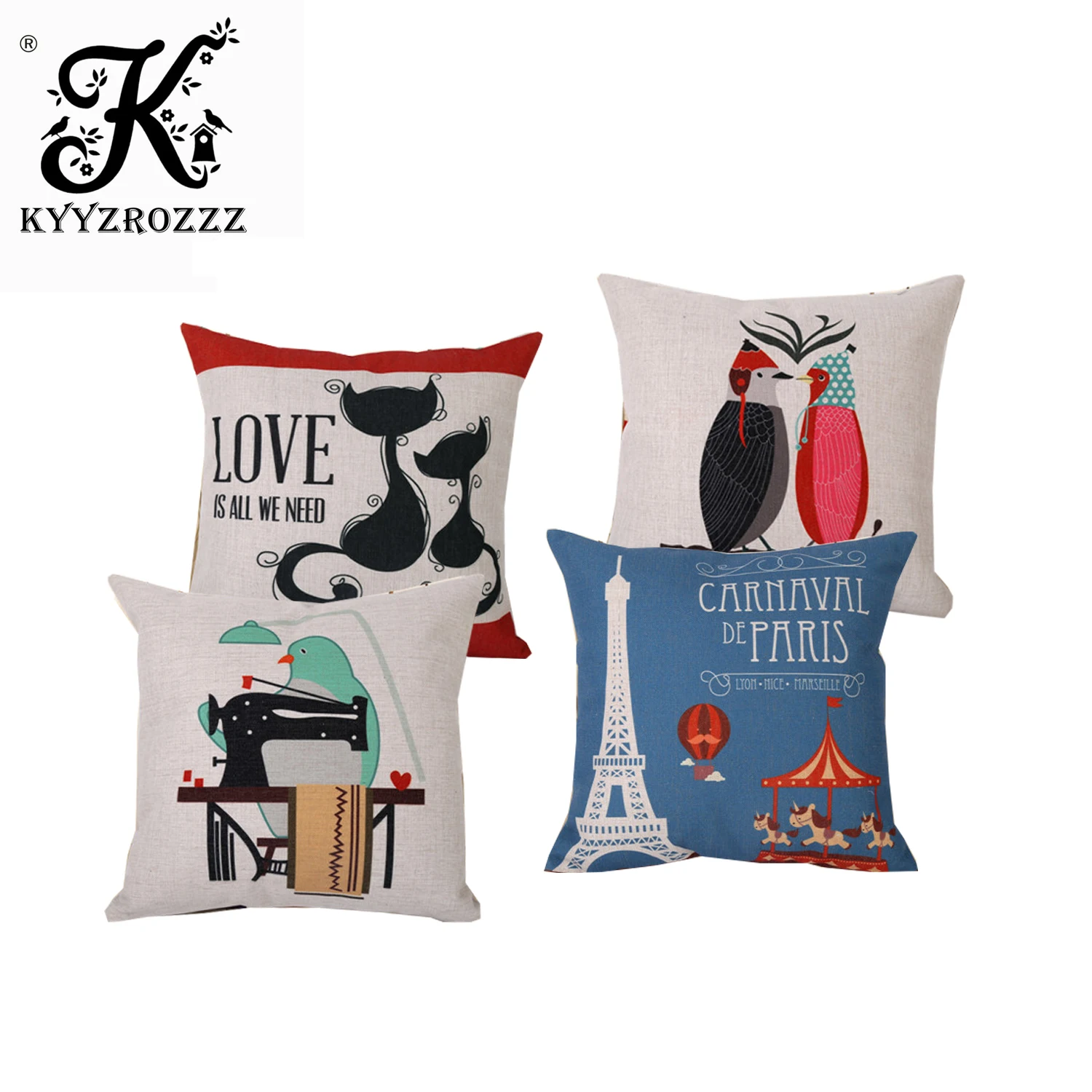 

Fashion High Quality Cotton Linen Retro Cat and Bird Sewing Machine Decorative Throw Pillow Case Cushion Cover Sofa Home Decor