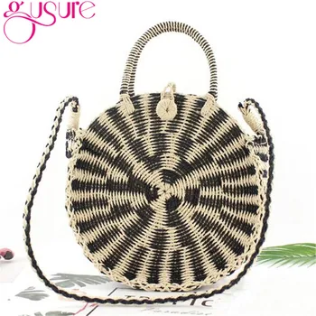

Gusure Mixed-color Round Straw Bag Handmade Retro Rope Woven Knitted Women Crossbody Handbag Summer Beach Bag Bohemia Bali