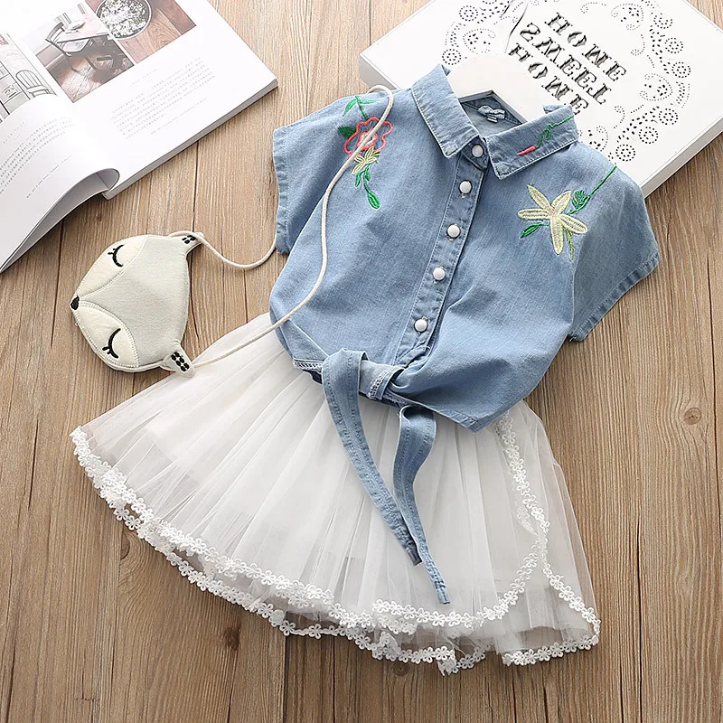 

Summer 2018 fashion girls clothes set denim short sleeve embroidery tops+ lace mesh tutu skirt 2pcs set casual outfits 2-6Y