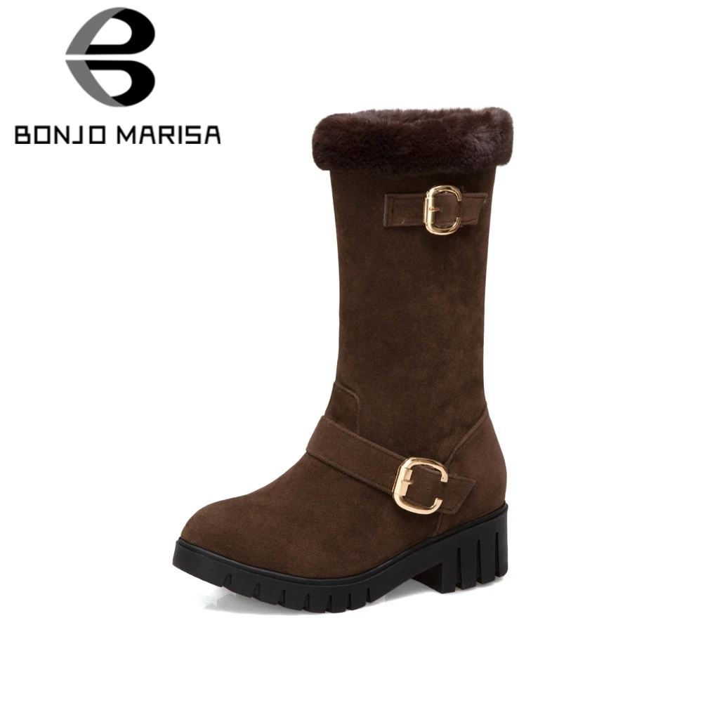 

BONJOMARISA New Fashion Solid Med Heels Belt Buckle Slip On Platform Shoes Woman Casual Winter Mid Calf Boots Big Size 32-43