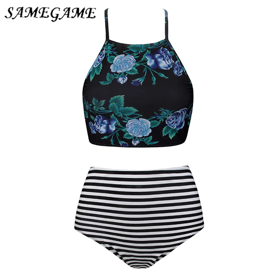 

SAMEGAME 2019 Retro Green Print Floral Crop Bikini High Neck Bikini Women Swimwear High Waist Swimsuit Set Bating Suit Swim