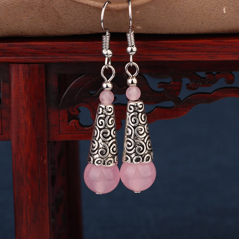 

MYWINY nature stones dangle ethnic earrings pink,vintage fashion Tibetan Silver earrings jewelry sea blue
