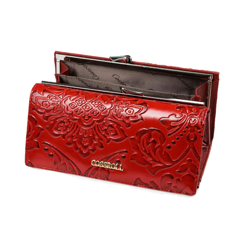 Embossing Flower Women Wallet Genuine Leather Female Purse Long Printing Floral Women Retro Leather Wallet Clutch