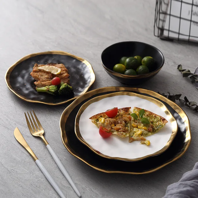 Ceramic Dinner Plate Gold Inlay Snack Dishes Luxury Gold Edges Plate Dinnerware Kitchen Plate Black And Ceramic Dinner Plate Gold Inlay Snack Dishes Luxury Gold Edges Plate Dinnerware Kitchen Plate Black And