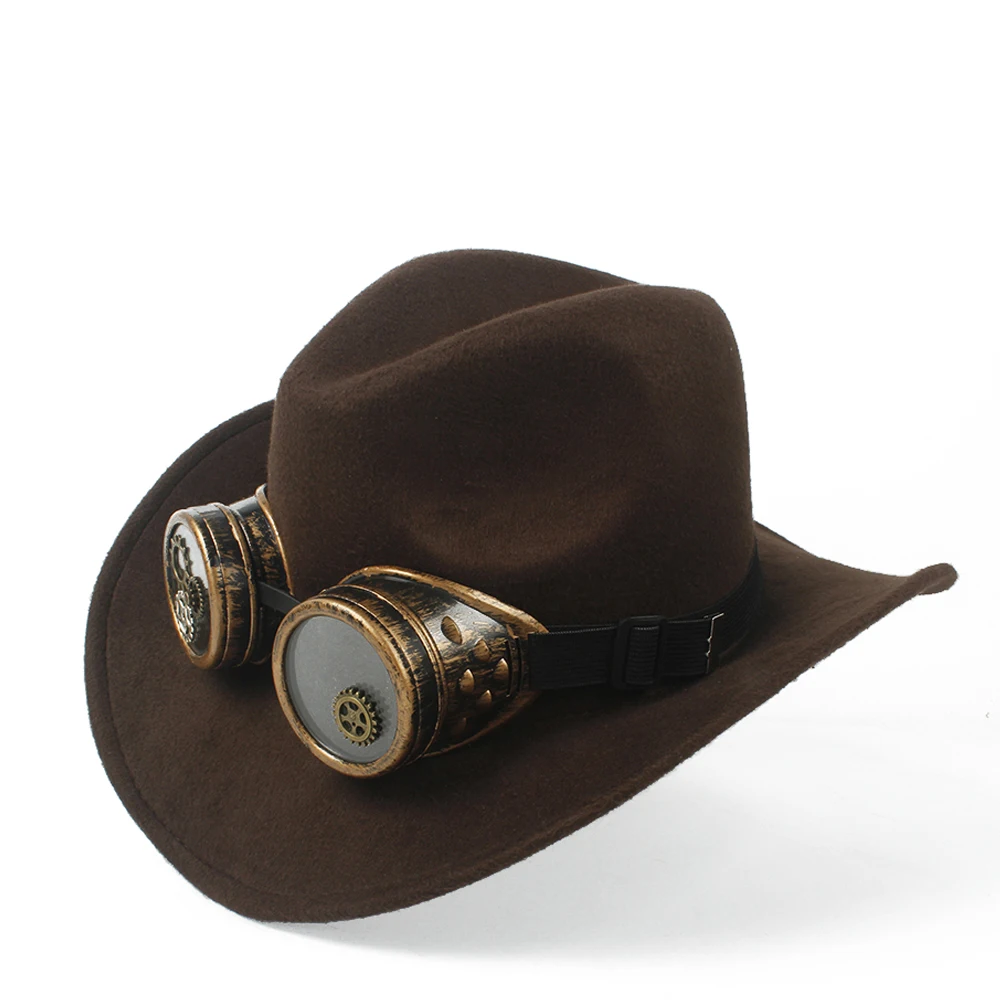 

2019 Steampunk Cowboy Hat For Child Kids Wool Hollow Western Outblack Sombrero Hombre Jazz Cap Size 52-54