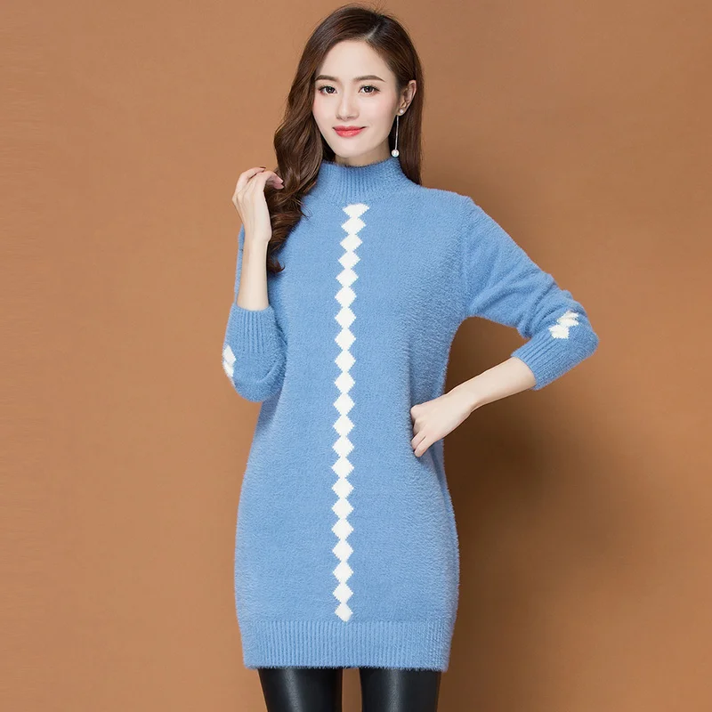 ^Cheap 2XL Brand Thicken Long Sweater Fall Winter Women Sweater New Hit Color Diamond Pattern Casual Sweater Slim Bottoming Pullovers
