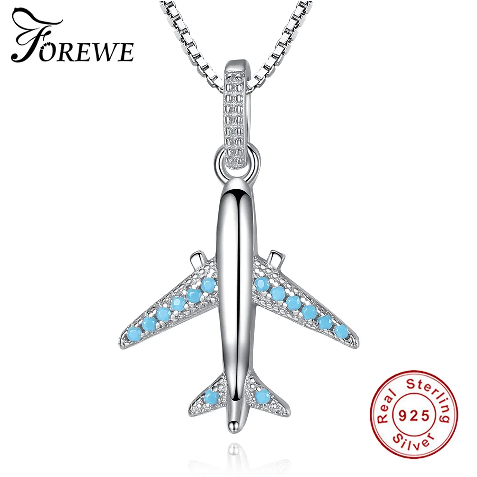 

FOREWE Airplane Charm Fashion 925 Sterling Silver Necklaces for Women Girls Blue Enamel Crystal Pendant Necklace Jewelry Party